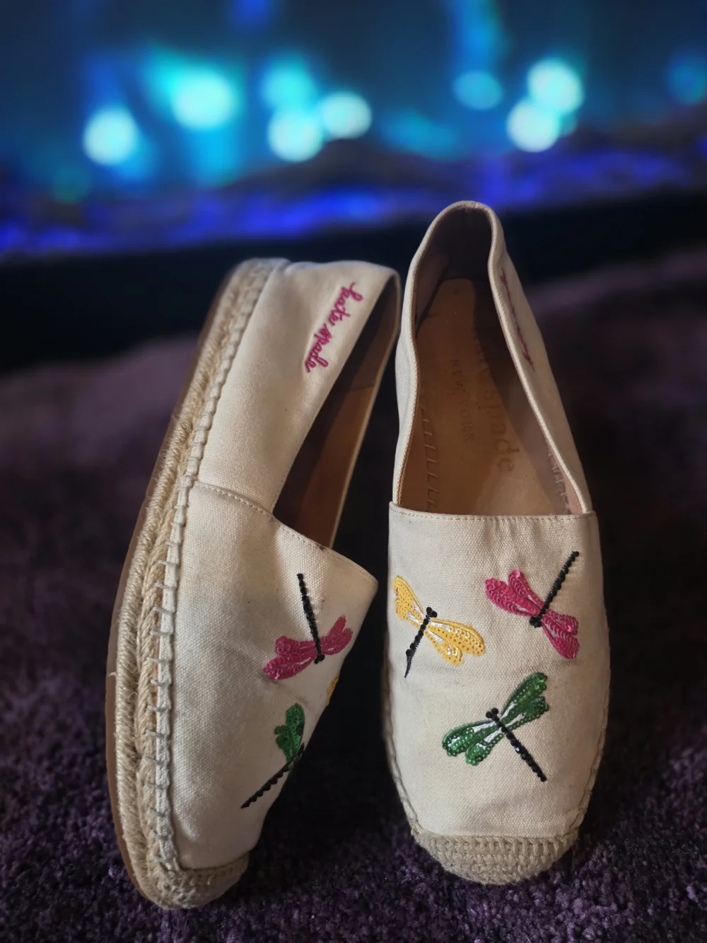 Katkate spade Neutral Espadrilles with Pink, Yellow & Green Dragonfly Embroidery